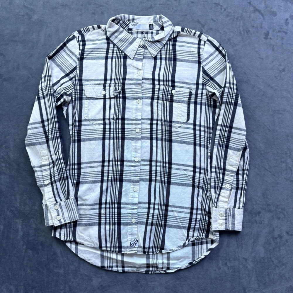 Fox Racing Womens Plaid Flannel Button Down Shirt Black White Small